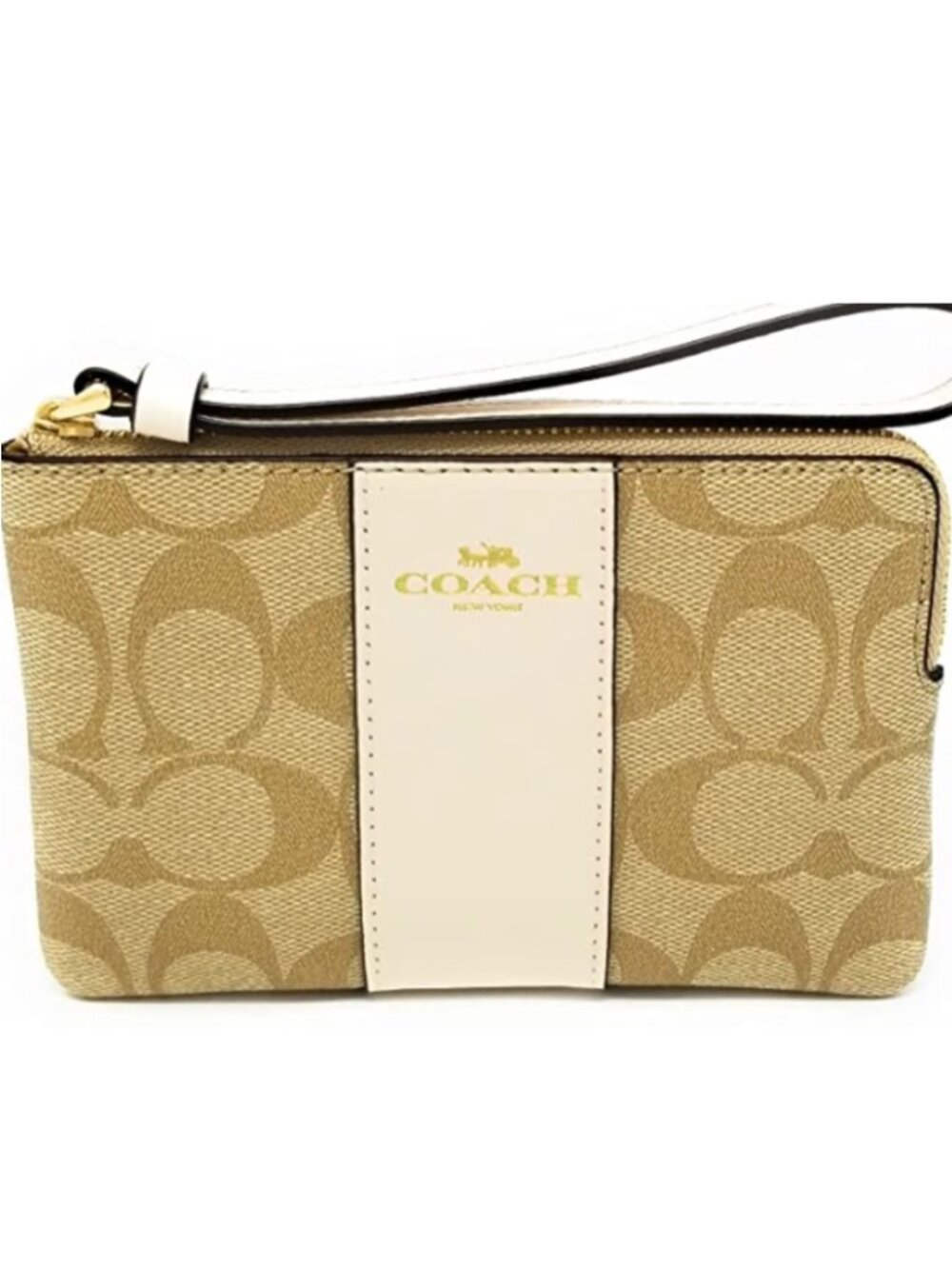 Coach F58035 Corner Zip Wristlet In Signature Canvas Light Khaki & Chalk NWOT